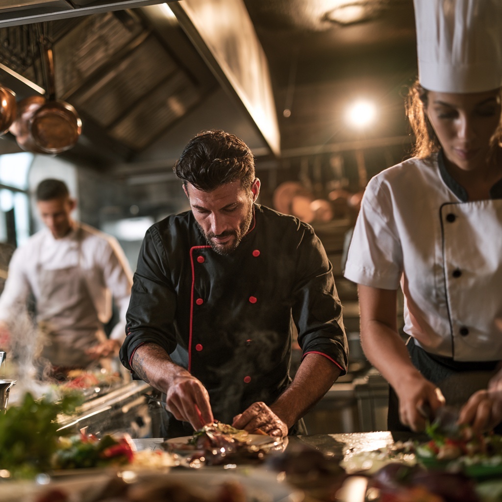Cozinha profissional em serviço, com dólmã preta e dólmã branca