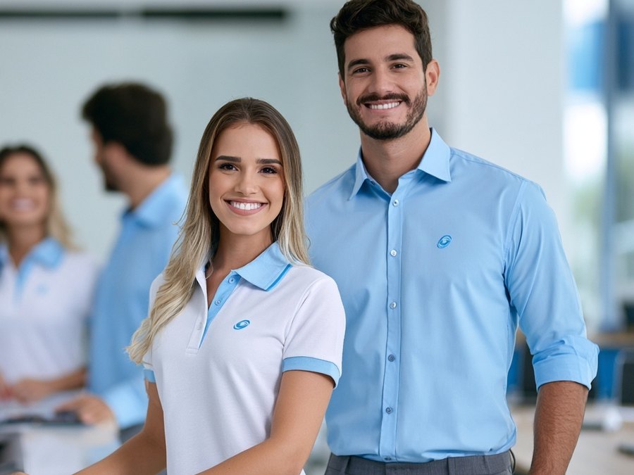 Equipe de escritório em polo branca e camisa social azul com bordado no peito