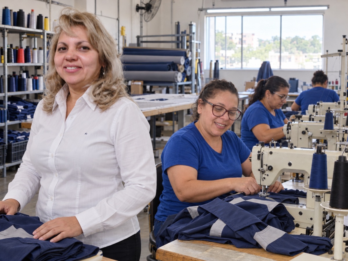 Maria do Socorro e a equipe de costura na fábrica da Prothege em Joinville