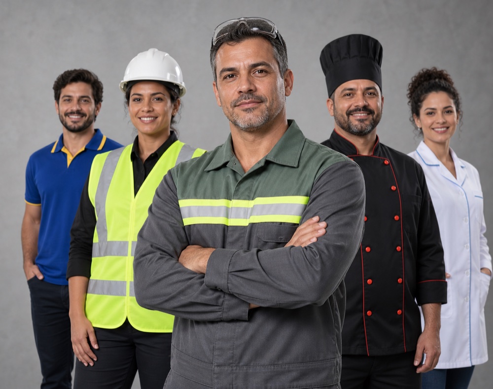 Profissionais de indústria, obra, cozinha e saúde vestindo uniformes Prothege