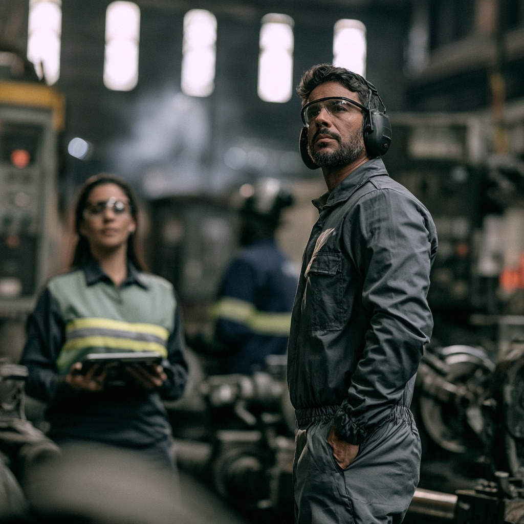 Equipe de manutenção industrial em macacão e camisa de brim dentro do galpão