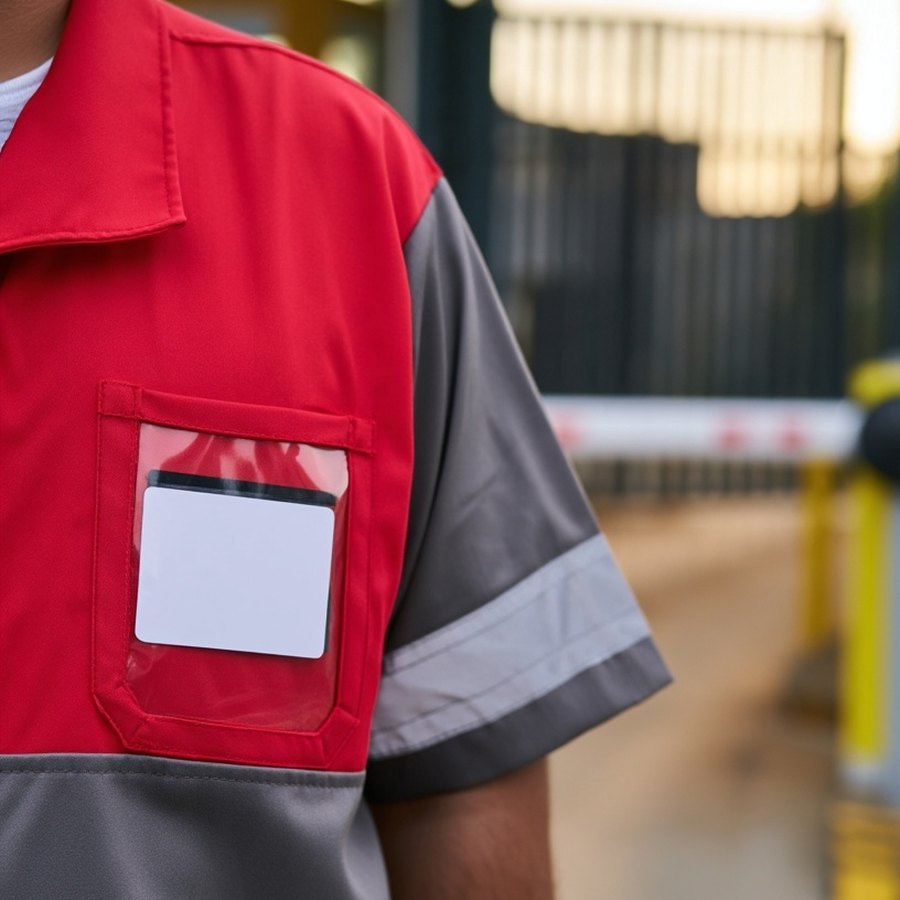 Jaleco de brim vermelho e cinza com bolso porta-crachá
