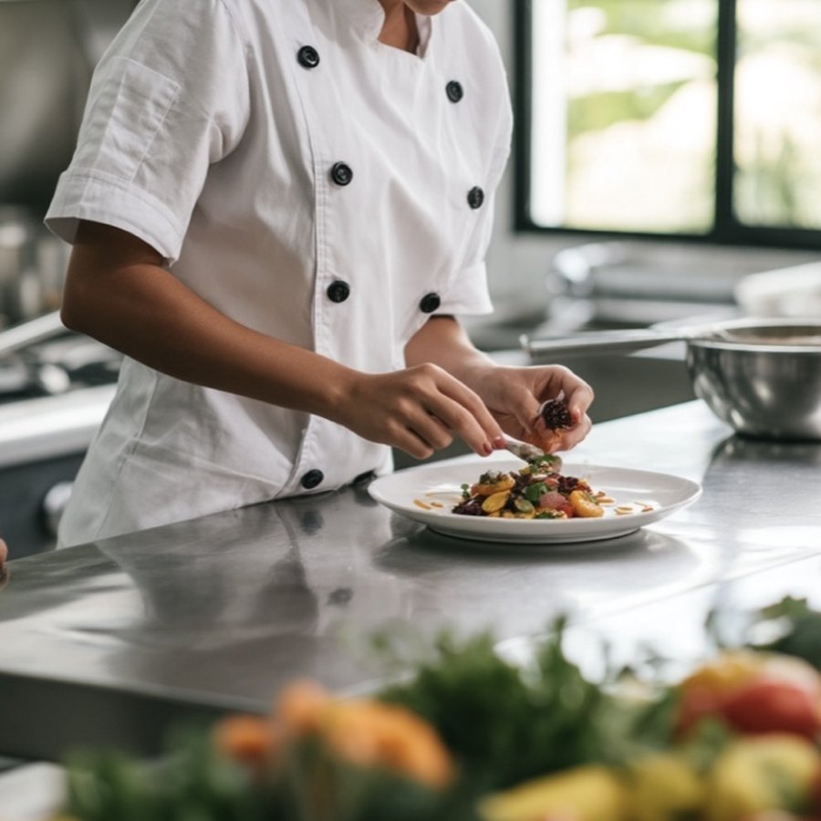 Chef finalizando prato em dólmã branca de manga curta